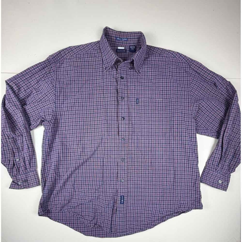 GANT Men's Casual Button-Down Shirt XL Blue Red Plaid 100% Cotton Long Sleeve